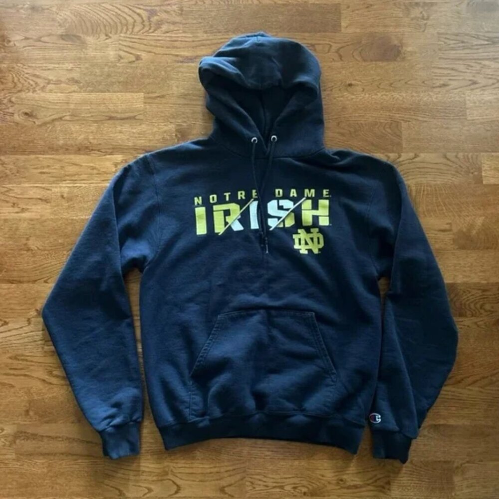 Notre Dame Champion Irish Sweatshirt Hoodie Navy Blue Pullover Hood S Cotton